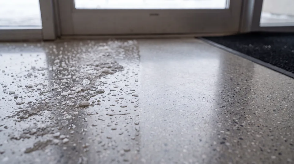 Road salt and meltwater beading on a polished concrete floor at a building doorway